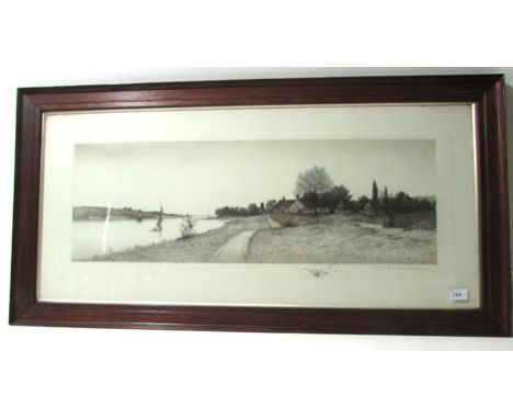 J. C. Anderson, a view of a cottage and sailing barges on a river going out to sea, engraving, signed in pencil lower right, 