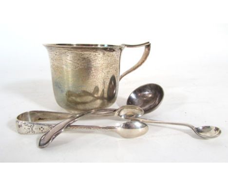 A George V silver christening cup, makers mark H W & Co together with a pair of sugar nips, salt spoon and EPNS ladle, variou
