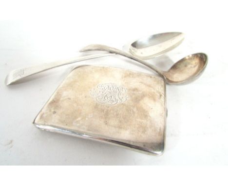 A George IV silver tablespoon, crested, makers Rudd, London 1825; together with a later silver cigarette case and a silver pl