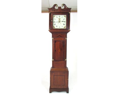 A 19th Century oak long case clock, painted 12 inch dial with subsidiary date aperture inscribed 'Hicks, Birmingham',  30 hou
