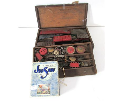 A Meccano outfit number 6 in a wooden case with instructions, together with a  Chad Valley jigsaw puzzle entitled 'Naval Base