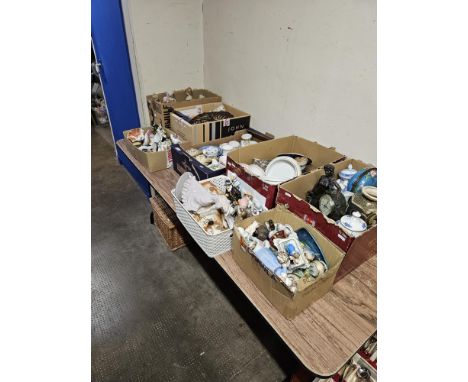 8 VARIOUS BOXES OF CERAMICS, FIGURINES, ORNAMENTS, LARGE WICKER HAMPER     