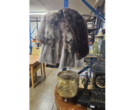 FUR COAT WITH 2 STOLES, BRASS PLANTER     