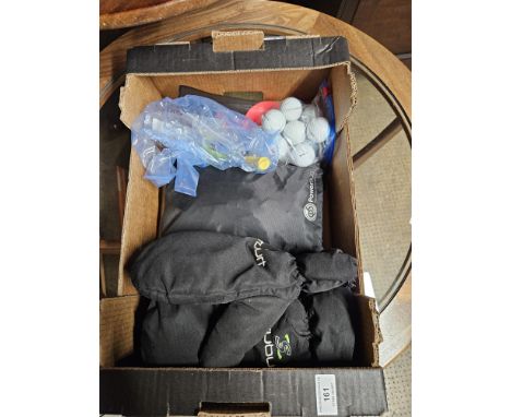 2 WATERPROOF GOLF BAG COVERS, GOLF BALLS, PUTTING AID, FOOTJOY GOLF GLOVES, WINTER GOLF MITTS, PUTTER TOOL AND WEIGHTS     