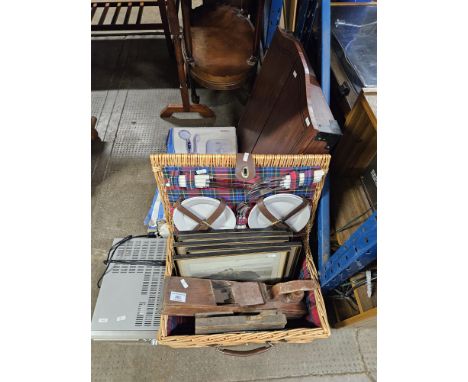 PICNIC HAMPER, VARIOUS OLD WOOD PLANES, DENON CD PLAYER, DART BOARD AND CABINET, ELECTRIC SHOWER, SET OF 5 FRAMED COLOURED PI