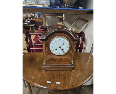 EDWARDIAN MAHOGANY INLAID MANTLE CLOCK ON BRASS BUN FEET     