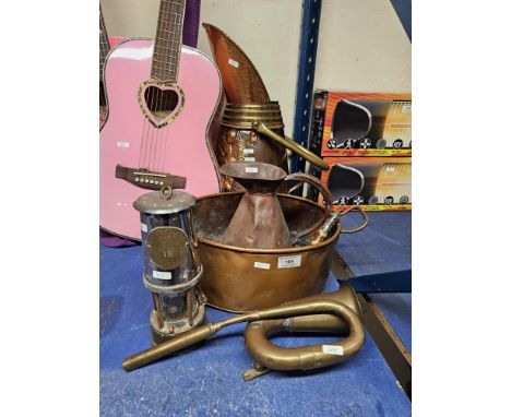 COPPER COAL SCUTTLE, COPPER EWER, DOUBLE HANDLED PLANTER, MINERS LAMP AND HORN     