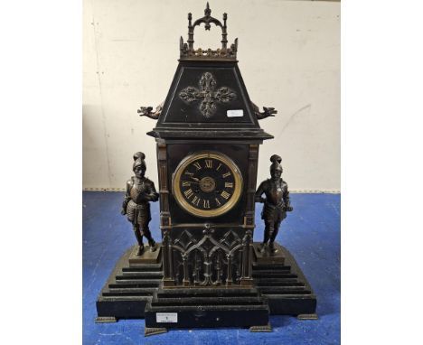 23" LARGE SLATE MANTLE CLOCK WITH STEPPED PLINTH AND DOUBLE KNIGHT MOUNTS     