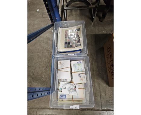 2 BOXES CONTAINING VARIOUS FIRST DAY COVERS, STAMPS ETC     