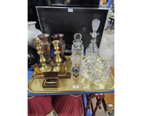 TRAY CONTAINING PAIR OF WOODEN VASES , PAIR OF BRASS CANDLESTICKS, 2 CUT CRYSTAL DECANTERS AND STOPPER, CRYSTAL FRUIT BOWL, B