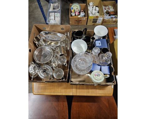 2 BOXES COMPRISING QUANTITY OF EP TEA SERVICE, HOTEL WARE, DISHES, CUTLERY , CUT CRYSTAL WARE,  2 DECANTERS , AINSLEY COFFEE 