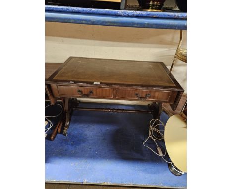 LEATHER TOPPED 2 DRAWER SOFA TABLE     