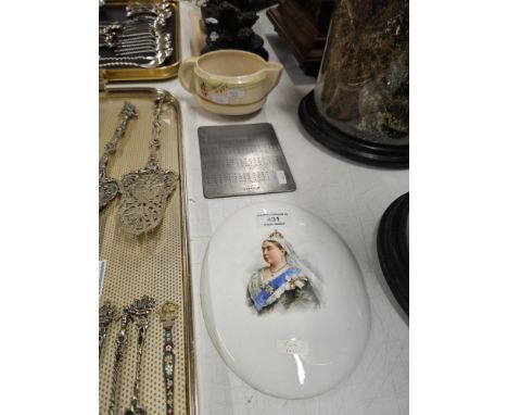 QUEEN VICTORIA PAINTED DOULTON BURSLEM PANEL, CLARICE CLIFF JUG, 2 SHEET MUSIC PLATES     