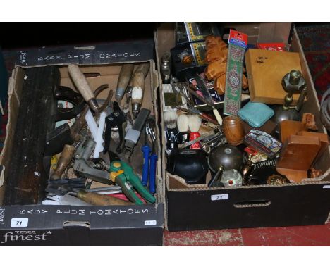 Two boxes of miscellaneous including vintage tools, collectables, vintage playing cards, metalwares, novelty bookends, travel
