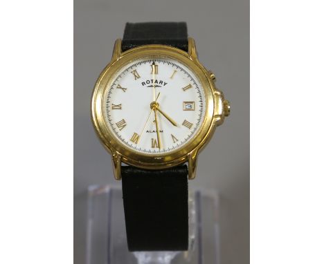 A gentleman's gold capped rotary quartz alarm watch with centre seconds, date display and Roman numeral markers.
