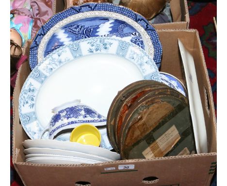 A boxed lot of assorted pottery and china and four oval lithograph prints