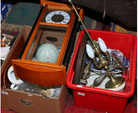 Two boxes of miscellaneous, quarts wall clock, glass lamp shades, framed mirror, chamber pot, ceramics etc 