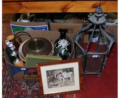 A box of miscellaneous including an oak framed barometer and Japanese cloisonne jars, along with a hexagonal hall lantern