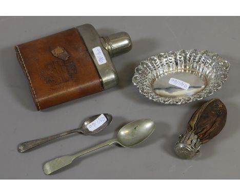 A silver bon bon dish assayed Sheffield 1900, along with a silver spoon marks rubbed, Victorian pouch and hip flask.