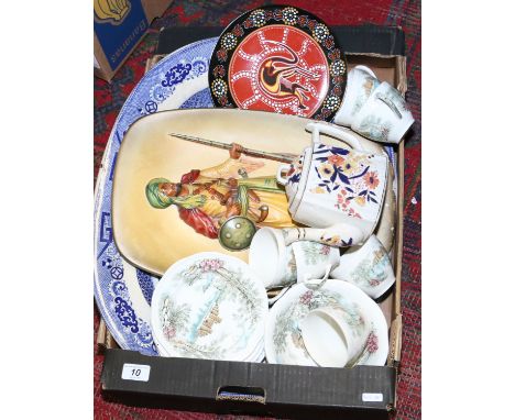 A box of miscellaneous to include Alfred Meakin Staffordshire tea/dinner wares, large transfer print meat plate, plaster cast