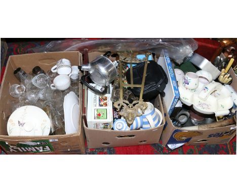 Three boxes of miscellaneous ceramics, glass and metalwares to include T. G. Green, Cornishware, Poole, Art glass, along with