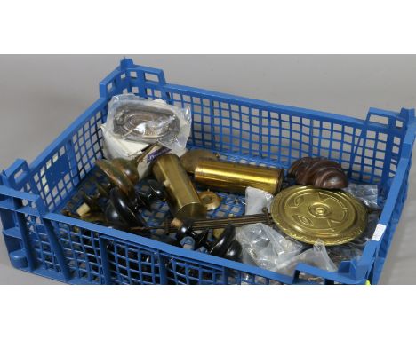 A tray of clock parts to include finials, weights, pendulum, brass swing handles etc.