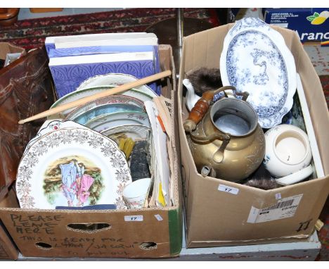 Two boxes of miscellaneous pottery some Wedgwood, stamp album, wooden plaque etc 