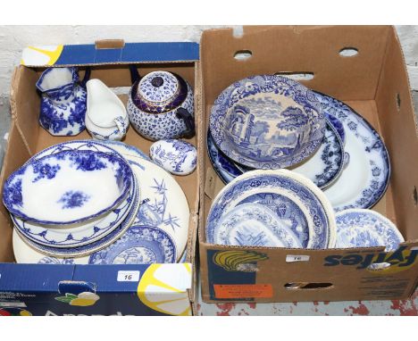 Two boxes of blue and white pottery including antique pearlware feather moulded meat plate and Copeland Spode etc.