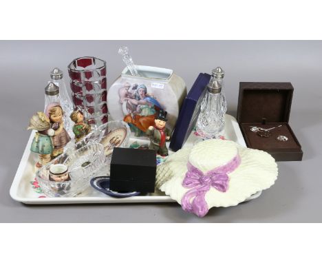 A tray of collectables to include Waterford glass, Hummel figurine, Royal Worcester falcon ware wall pocket formed as a bonne