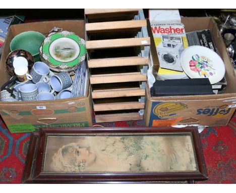 Two boxes of mixed ceramics and collectables including Coalport, Hornsea, Poole etc along with framed vintage prints and a ga