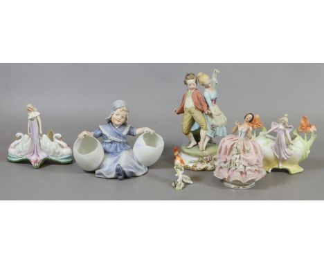 A Heubach coloured bisque figural salt seller and other similar continental figures including Capodimonte and Dresden etc.