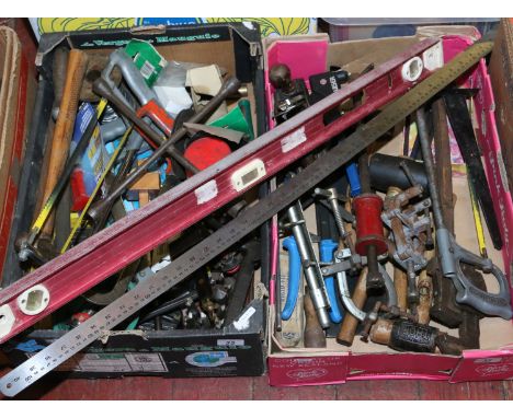 Two boxes of tools, hacksaws, router bits, vintage joiners scribe by Wm Marley & son, spirit level, Stanley plane, copper hea