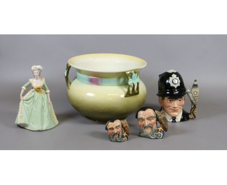 An Art Nouveau planter, three Royal Doulton character jugs and a Franklin Mint figurine 'Marie Antoinette'.