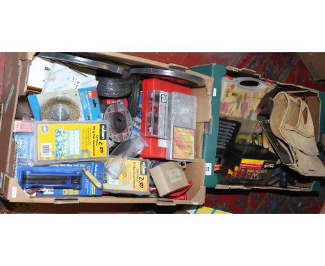 Two boxes of various new and mainly unused tools, yale locks, cutting and grinding discs, cutter and puller set, wheel rushes