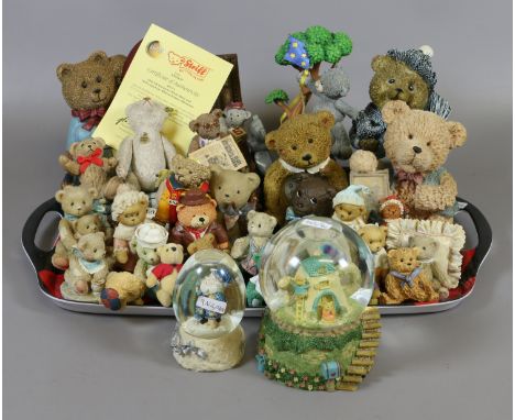 A tray of decorative ornamental teddies to include Steiff, Cherish teddies, show globes by Regency Fine Arts and an Esco Corp