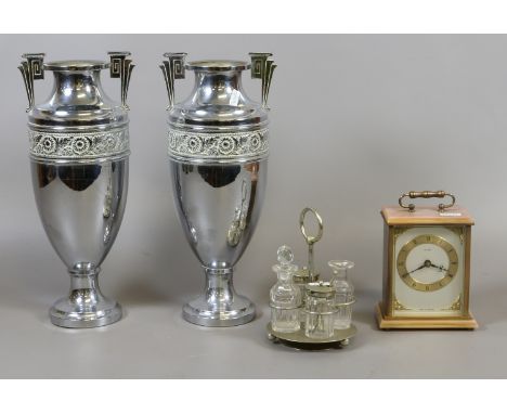A Metamec brass and onyx mantel clock, pair of Beldray type vases and cruet set.