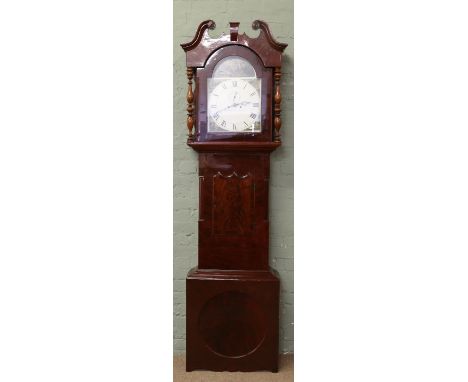 A Victorian eight day mahogany longcase clock by W. Illingworth Holbeck with painted arch top dial and subsidiary seconds.