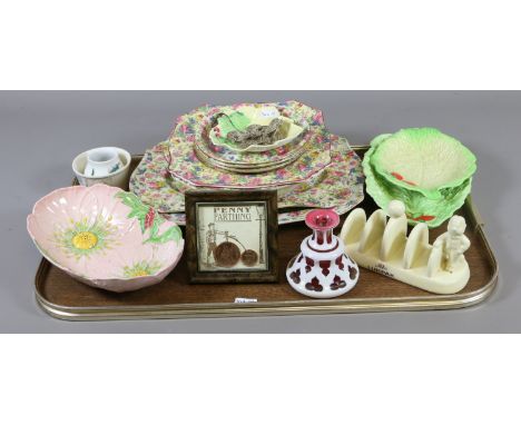 A tray of collectable china, Royal Winton, Chintz, Carltonware, Poole, Bohemian glass, metal filigree bracelet and earrings e