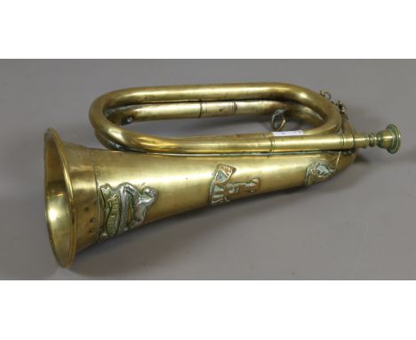 A World War one West Yorkshire regiment brass bugle broad arrow mark. Inscription '84052. Bugler. G. Hurst 1918.