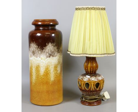 A West German art pottery lamp and shade, along with a similar large vase.