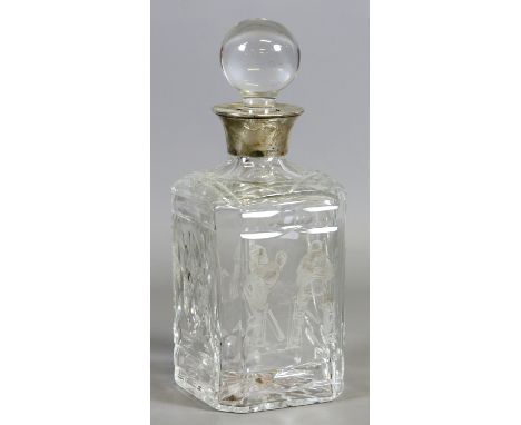 A cut and etched glass decanter of cricketing interest with silver collar, assayed Sheffield 1996.