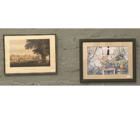 A Victorian framed coloured print of Hampton Court Palace H. B. Ziegler along with another framed print.