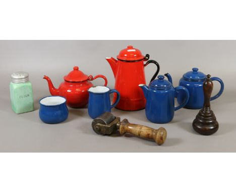 A Dunlop printers roller, turned hardwood mallet and a collection of enamel ware