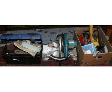A boxed collection of power tools, Dewalt angle grinder, Kango router, Makita 110v screwdriver, B&D angle grinder, Mikita cro