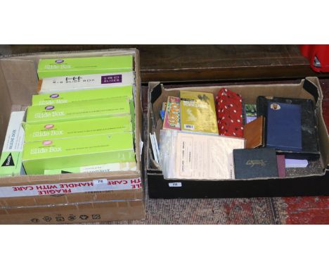 Two boxes of miscellaneous including walking maps, cased cutlery, books, playing cards and eight boxes of catalogued slides o
