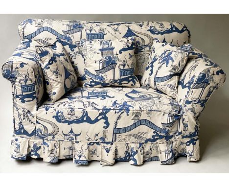 DROP END SOFA, Edwardian horse hair and sprung upholstered with blue/cream Chinoiserie loose covers and drop arm, 143cm close