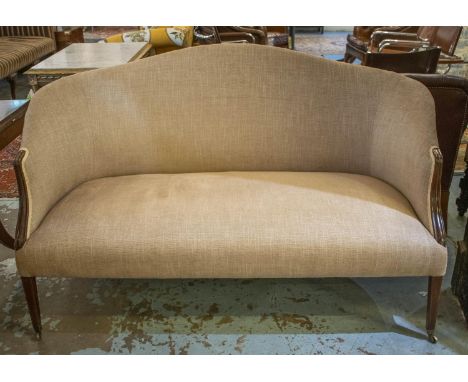 SOFA, 97cm H x 153cm W, 19th century mahogany in taupe fabric with boxwood strung legs on brass castors. 