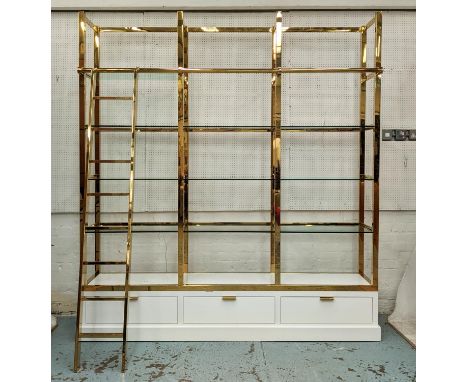 DISPLAY SHELVES, brass and glass with ladder, 220cm x 240cm H x 43cm. 