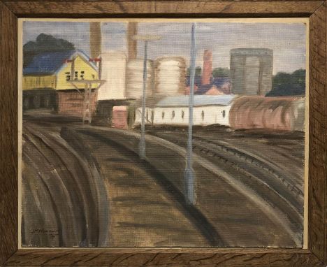 J. R. WOOLNOUGH 'Battersea from the Railway', oil on board, signed and dated '74, 45cm x 37cm, framed. 
