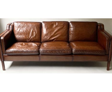 'STOUBY' DANISH SOFA, 202cm W, mid brown leather, three seater, by Stouby. 